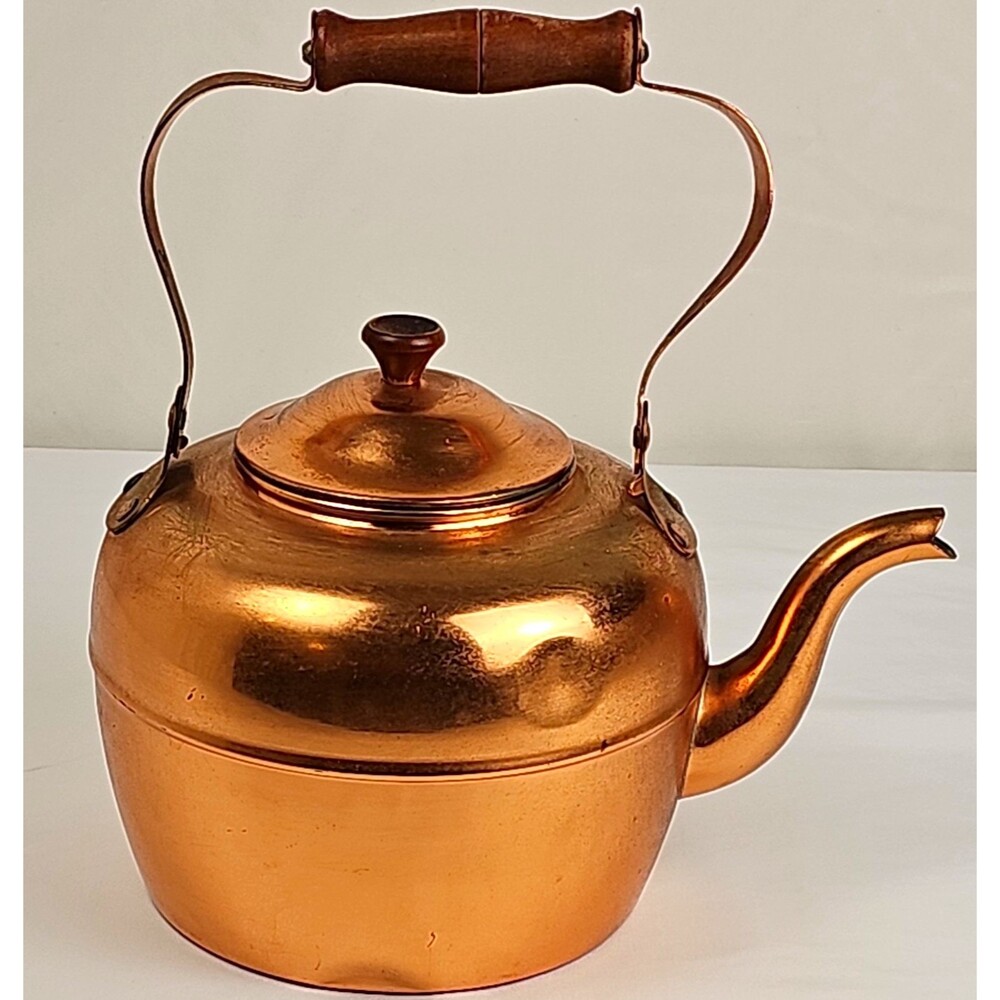 VTG ODI Solid Copper Vintage Tea Kettle w/ Wooden Handle & Lid